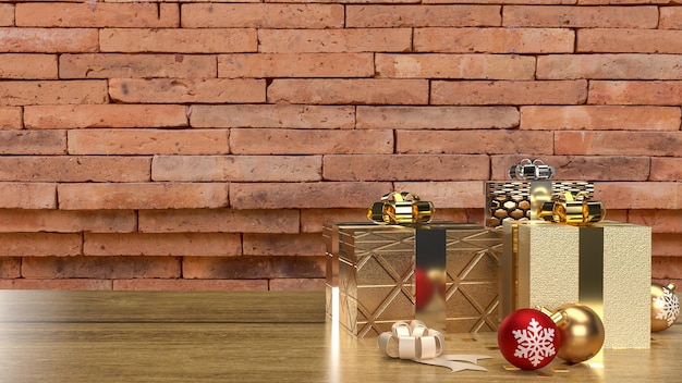 The gift box and Christmas ball on wood table for celebration concept 3d rendering