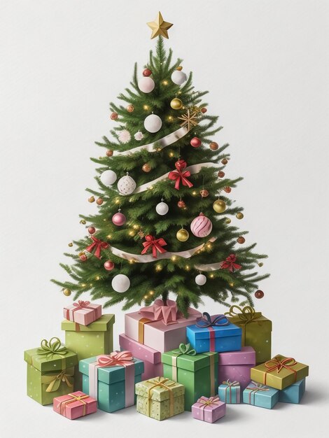 gift box and christmas tree on white background