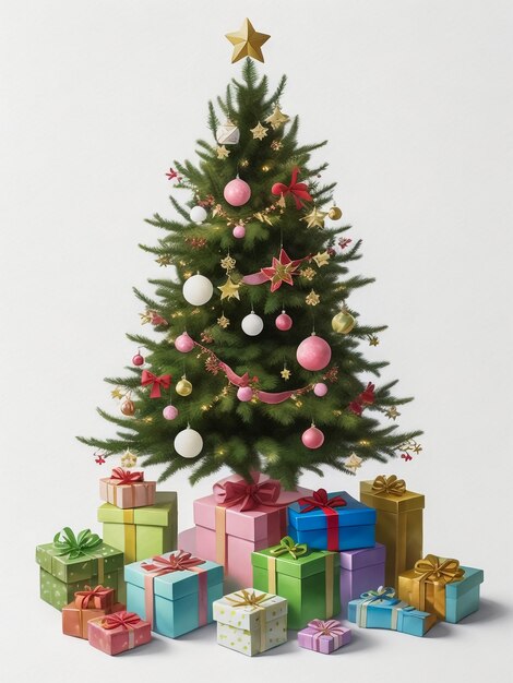 gift box and christmas tree on white background