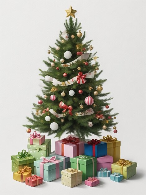 gift box and christmas tree on white background