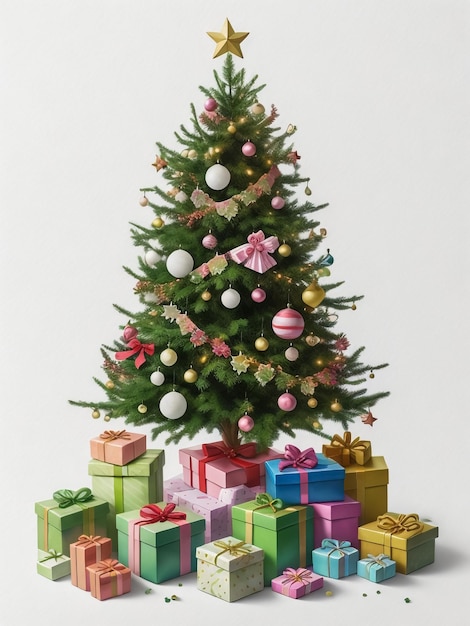 gift box and christmas tree on white background