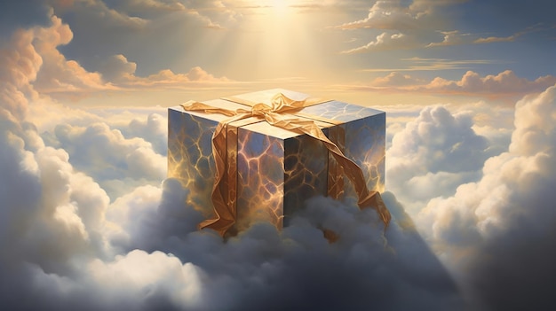 A gift box in the clouds with a golden ribbon around it