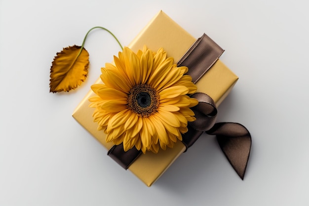 Gift box in craft paper and sunflower on top AI Generative