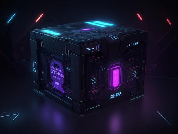 Photo a gift box in cyberpunk style on a dark background generative ai