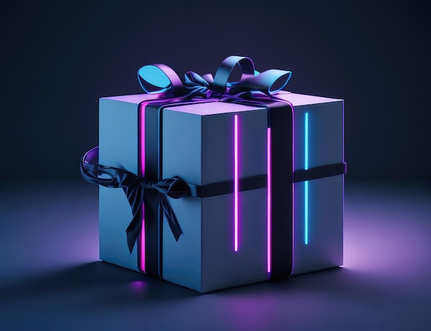 A gift box in cyberpunk style on a dark background