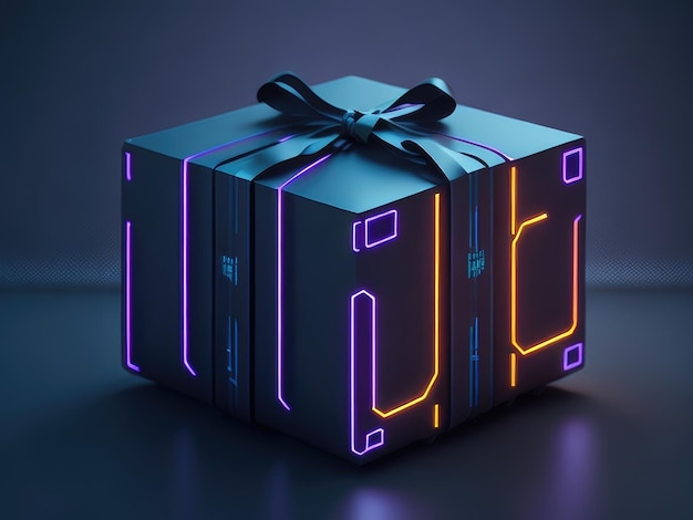 A gift box in cyberpunk style on a dark background