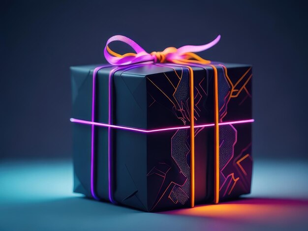 A gift box in cyberpunk style on a dark background