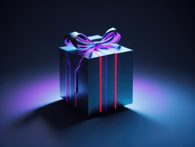 Подарочная коробка в стиле киберпанк на темном фоне