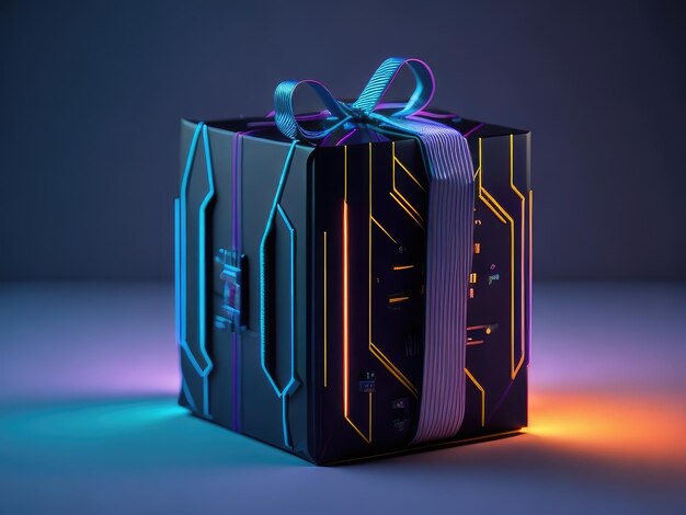 Photo a gift box in cyberpunk style on a dark background