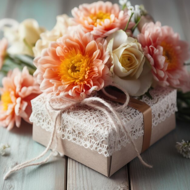 Gift box decorated with a bow and fresh flowers placed on a table Created using generative Al tools