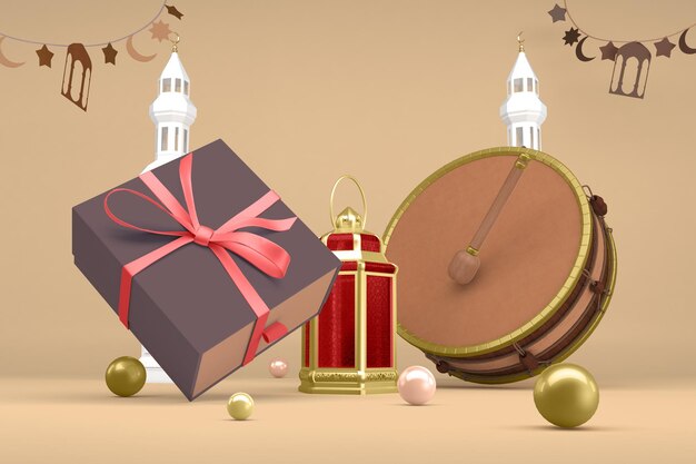 Gift Box and Drum Front Side In Ramadan Themed Background