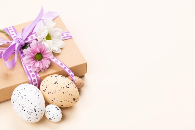 Photo gift box easter eggs and flowers