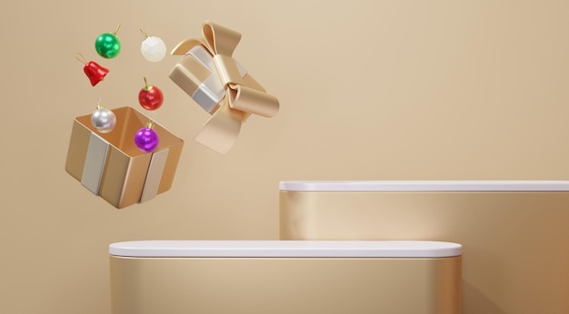 제품 프레젠테이션을 위한 선물 상자 부동 플랫폼 구성 크리스마스 배너 베이지색 금색 배경 연단 기하학적 모양 받침대 빈 배경 3d 렌더링 결혼