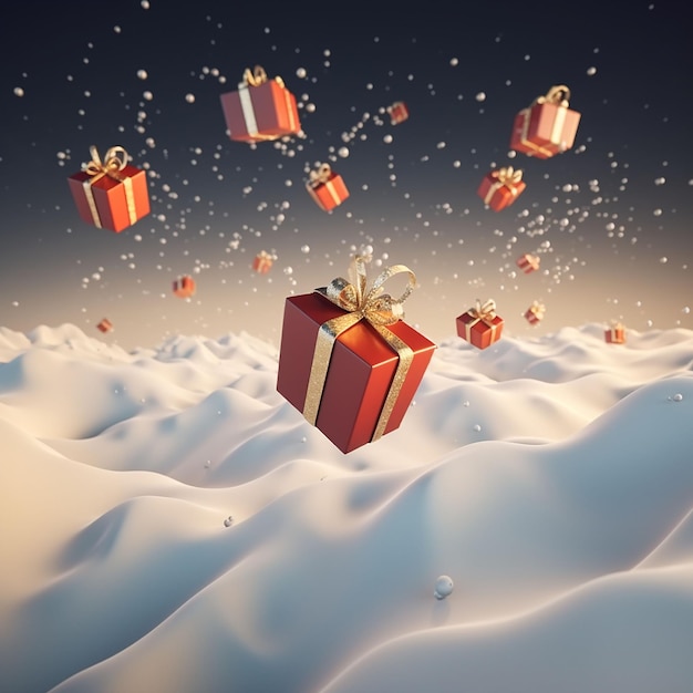 Gift box flying in snow with falling snowflakes 3D rendering