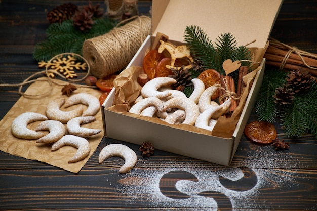 Gift box full of traditional german or austrian vanillekipferl vanilla kipferl cookies