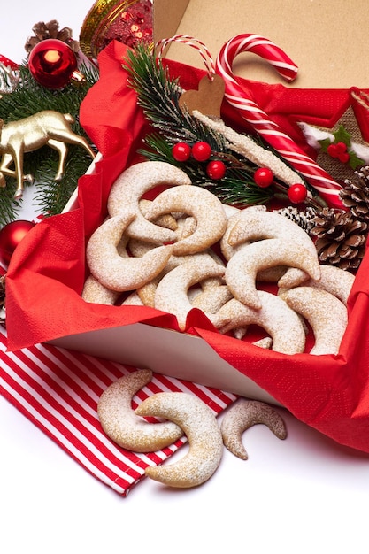 Gift box full of traditional german or austrian vanillekipferl vanilla kipferl cookies