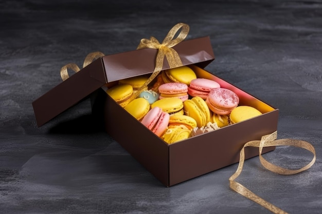 Gift box full of yellow and pink macaroons box with sweets