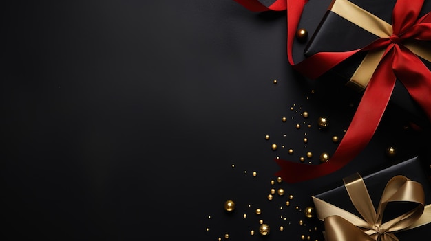 Gift box and golden ribbon on black background with glitter Black friday sale concept Banner