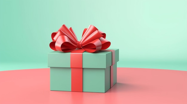 Gift box or green present box with red ribbon and bow on green background