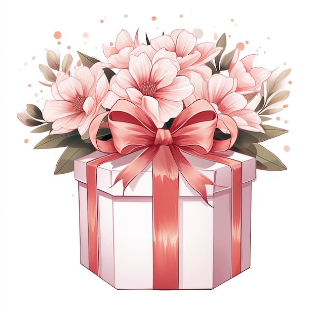 Photo gift in box is decorated with flowers and bow