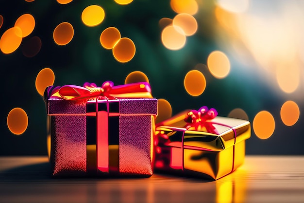 Gift box and laptop with bokeh background