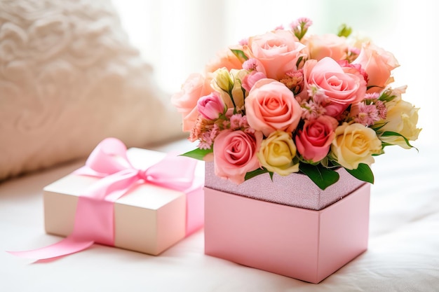 Gift box for Mothers Day with a bouquet of flowers and a greeting card Generative AI