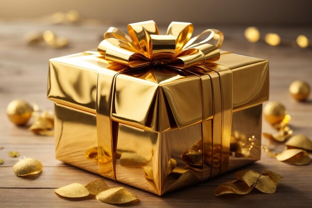 Gift box package with golden ribbon on colorful blurred background