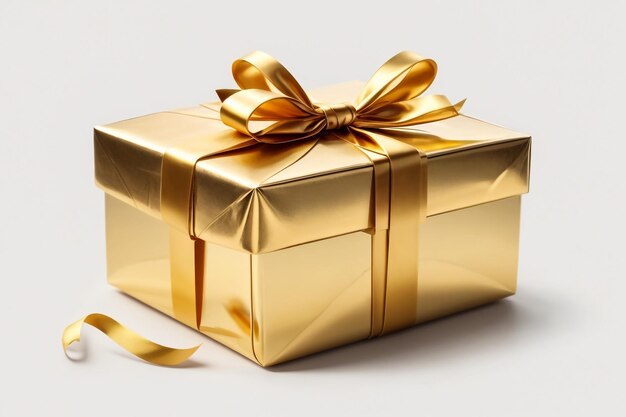 Gift box package with golden ribbon on colorful blurred background