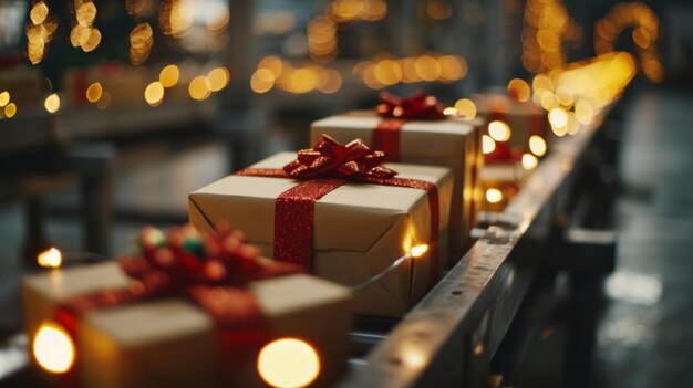 gift box packages moving along a conveyor belt in a warehouse