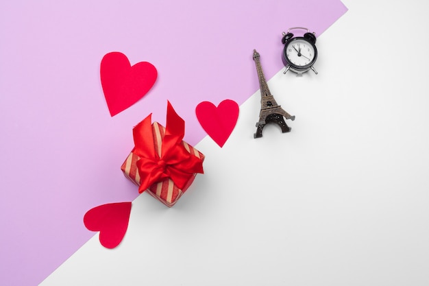 Gift box and paper hearts with copy space, St. Valentine's day composition