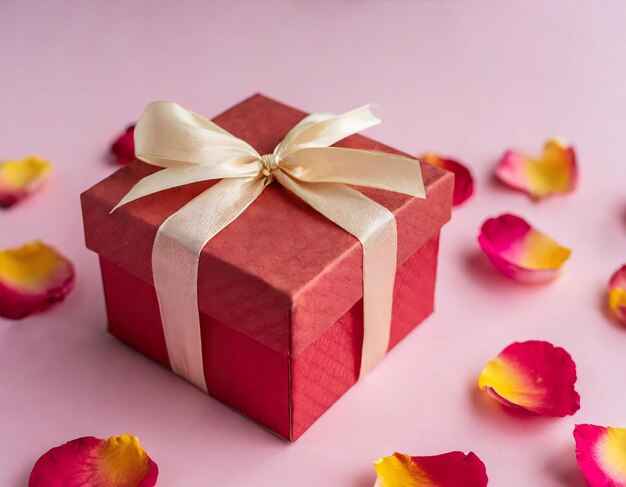 Gift box on pink background with rose petals mother39s day concept Copy space