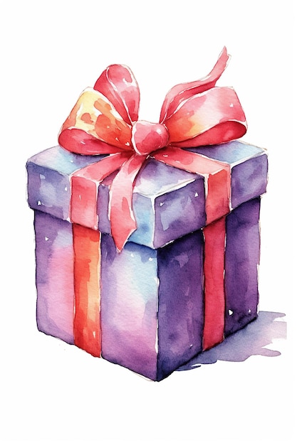 Gift box present watercolor clipart cute isolated on white background with Generative AI