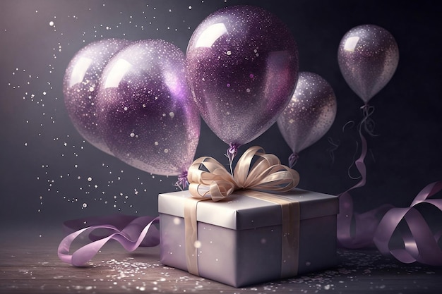 Подарочная коробка и фиолетовые воздушные шары для вечеринок Generative AI