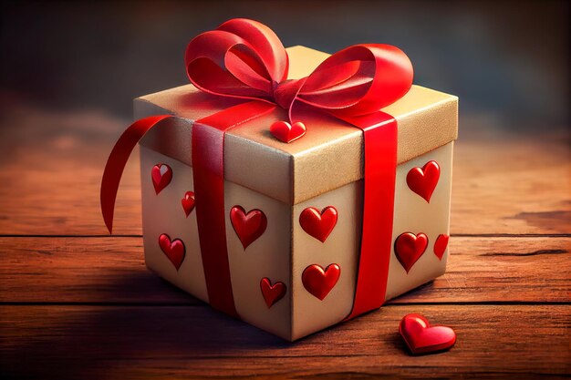 Gift box and red hearts on wooden background Valentines day Generative AI