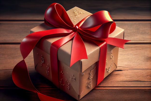 Gift box and red hearts on wooden background Valentines day Generative AI