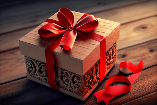Gift box and red hearts on wooden background Valentines day Generative AI