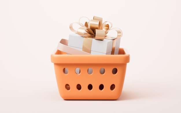 Gift box and shopping basket 3d rendering