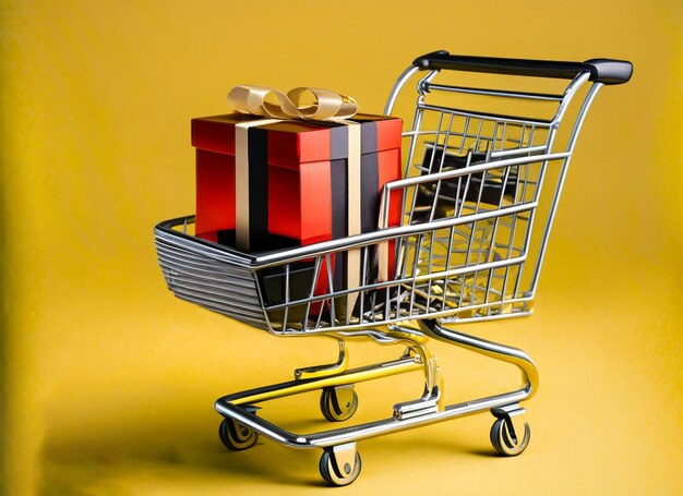 Gift box in a shopping cart seasonal sale yellow slate background