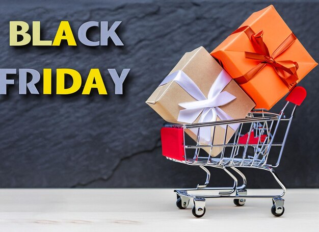 gift box in a shopping cart with slate black background red