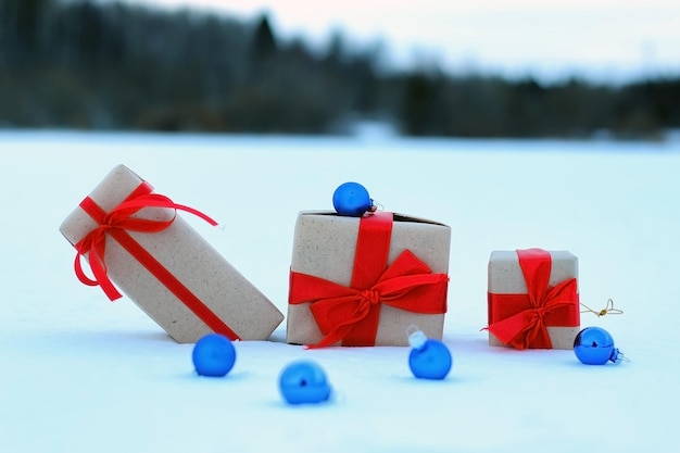 Confezione regalo sul paesaggio di fiocchi di neve