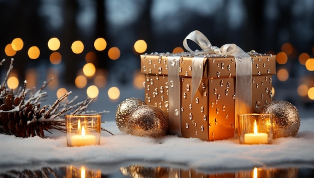 Gift Box On Snow With Bokeh Lights And Ornament In Fir Branch Merry Christmas