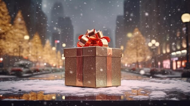 Gift box on snowy city background Christmas and New Year concept generativa IA