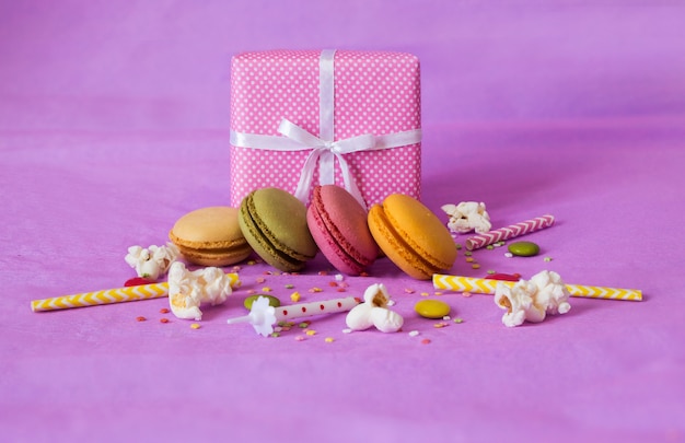 Photo gift box and stack of macaroons