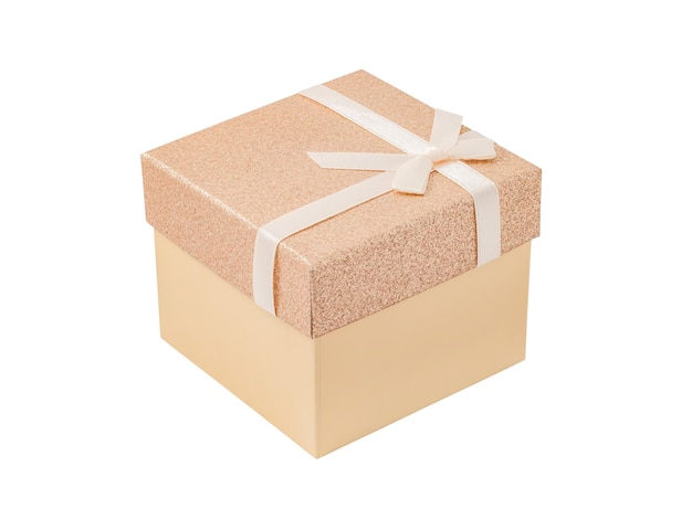 Gift box surprise beige lid with sequins and white ribbon and bow side view isolated on white background with clipping path