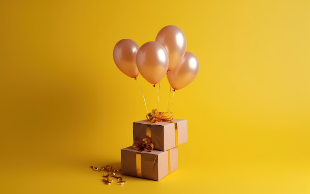 Gift box surrounded by yellow balloon