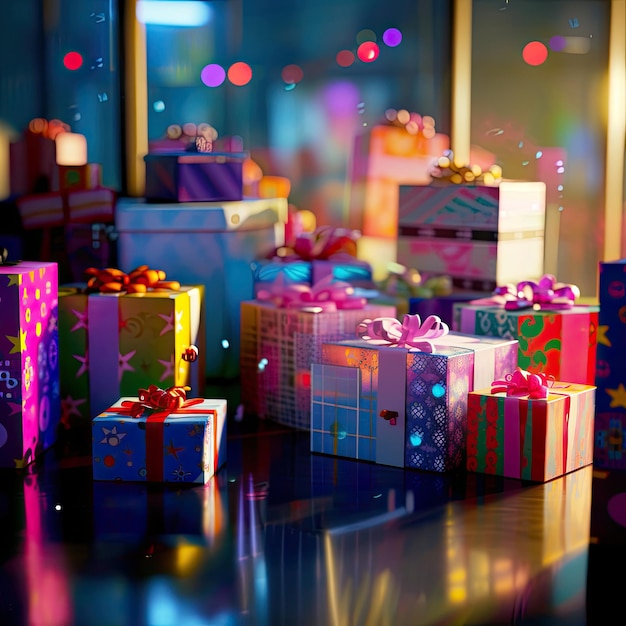테이블 위에 있는 선물 상자, 다채로운 선물 상기, 생성 AI