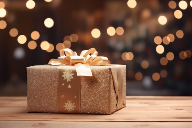 A gift box on table with beautiful bokeh festive and snow background