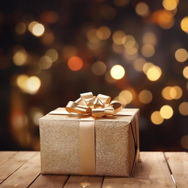 A gift box on table with beautiful bokeh festive and snow background