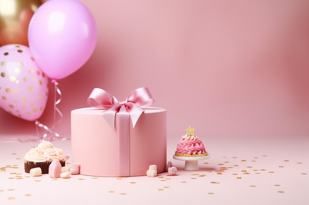 ピンクの背景にテーブルにプレゼントボックスと美味しいケーキ