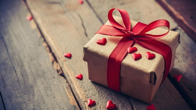 Gift box tied red ribbon with small red hearts printed on it on old wooden background